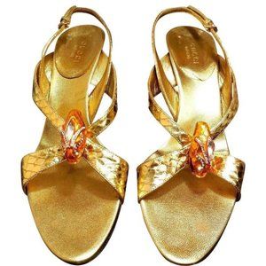 Gucci Metallic Gold Snake-Accent Slingback Sandals